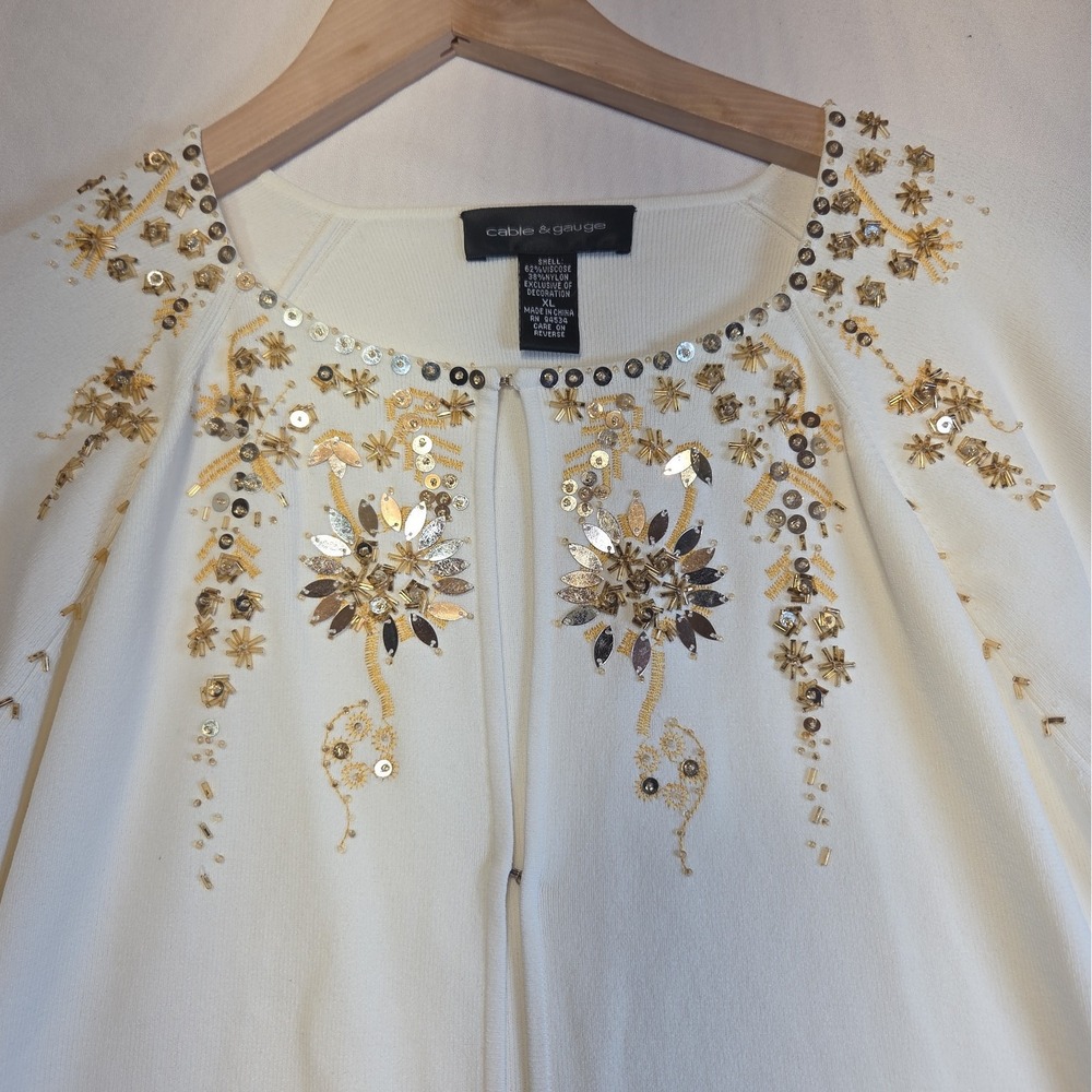 Cable & Gauge Womens XL Ivory Gold Beaded Sequin Embroidered Cardigan Sweater